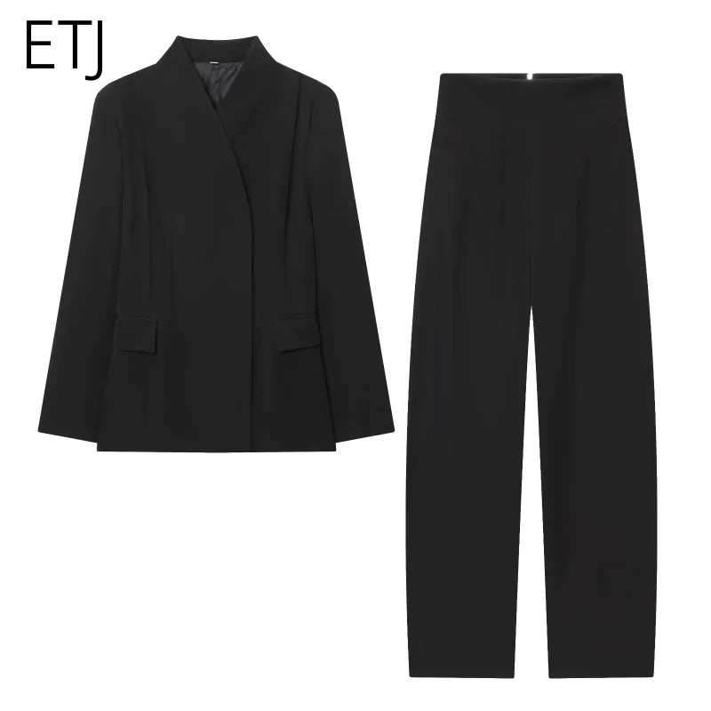 ETJ 2025 women's new fashion design three-dimensional cut high collar slim suit jacket & matching casual trousers Quick Pick Grocers