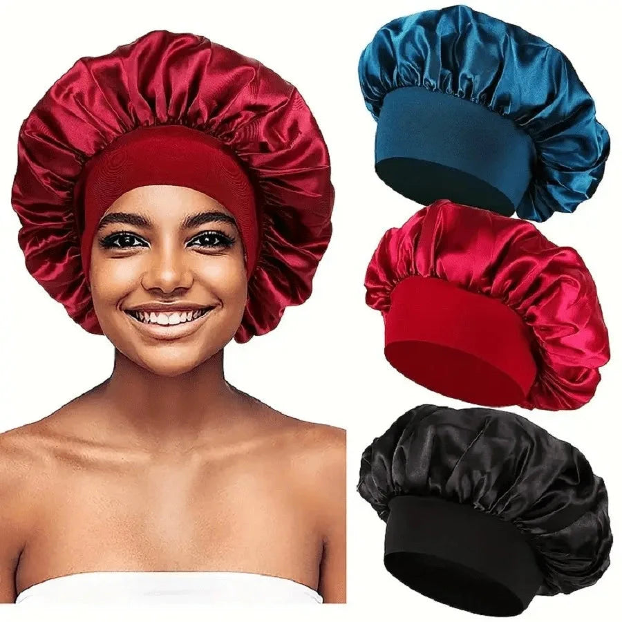 1PC Women's Satin Solid Bonnets Wide-brimmed Night Sleeping Bathing Hat Unisex Head Wrap Elastic Band Cap Hair Care Bonnet. Econic Blanks