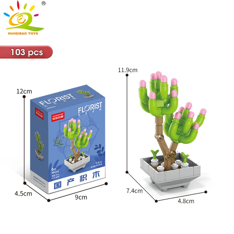 HUIQIBAO MOC Flower Succulent Potted Model Building Block DIY Eternal Bouquet Home Desk Plant Decor Brick Girl Gift Children Toy Quick Pick Grocers