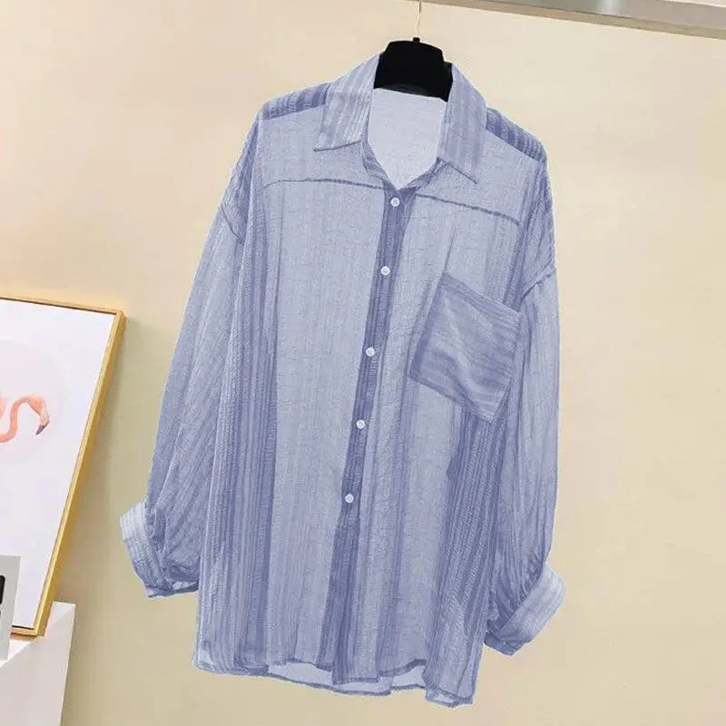 Summer Sunscreen Shirt Elegant Perspective Thin Chiffon Blouse Korean Harajuku See Through Loose Top Casual Women's Cardigan Quick Pick Grocers