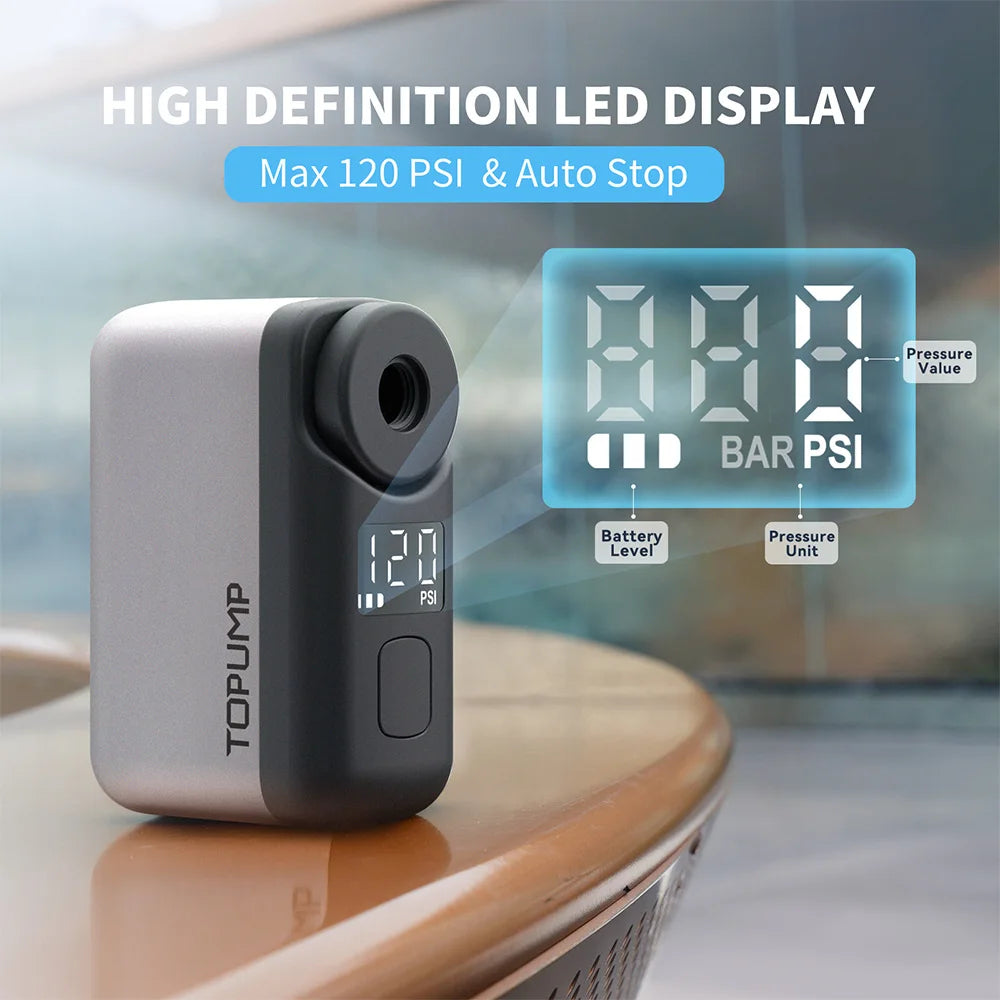 TOPUMP TB2 PRO Mini Portable Electric Pump for Bike Cordless Tire Inflator 120PSI Max 450mAh Battery with Screen Fast Charging Quick Pick Grocers