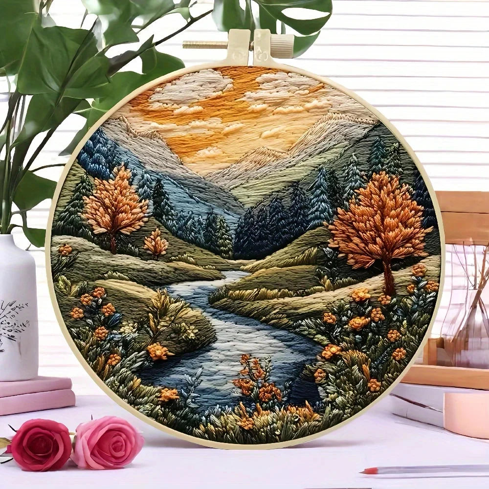 Beginners Hand Embroidery Kit - Mountain and Moon Landscape, Mixed Colors, Fabric Included - Perfect Handmade Gift Econic Blanks