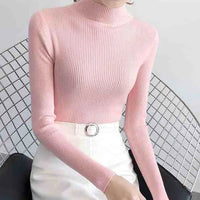 Autumn Winter Mock Neck Women Sweater Vintage Basic Solid Knitted Tops Casual Slim Pullover Korean Sweaters Simple Chic Jumpers Quick Pick Grocers