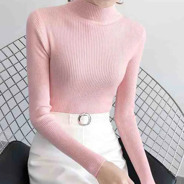 Autumn Winter Mock Neck Women Sweater Vintage Basic Solid Knitted Tops Casual Slim Pullover Korean Sweaters Simple Chic Jumpers Quick Pick Grocers