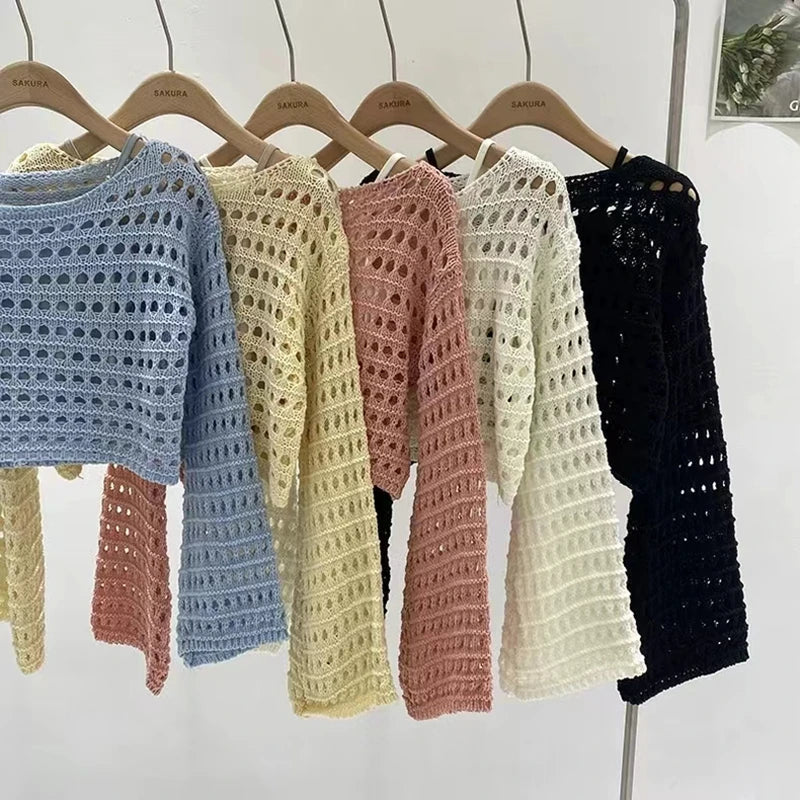 Long Sleeve Crochet Knit Top Summer Beach Bikini Cover Up Crop Pullover Wool Knitwear Blouse Women Vacation Boho Outfit Quick Pick Grocers