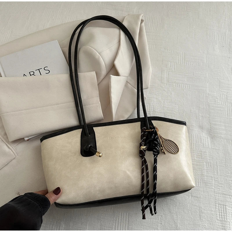 European American Retro Tote Bag, Korean Fashion Shoulder Bags Advanced Simple Handbag New Large Capacity Pendant Versatile Bags Quick Pick Grocers