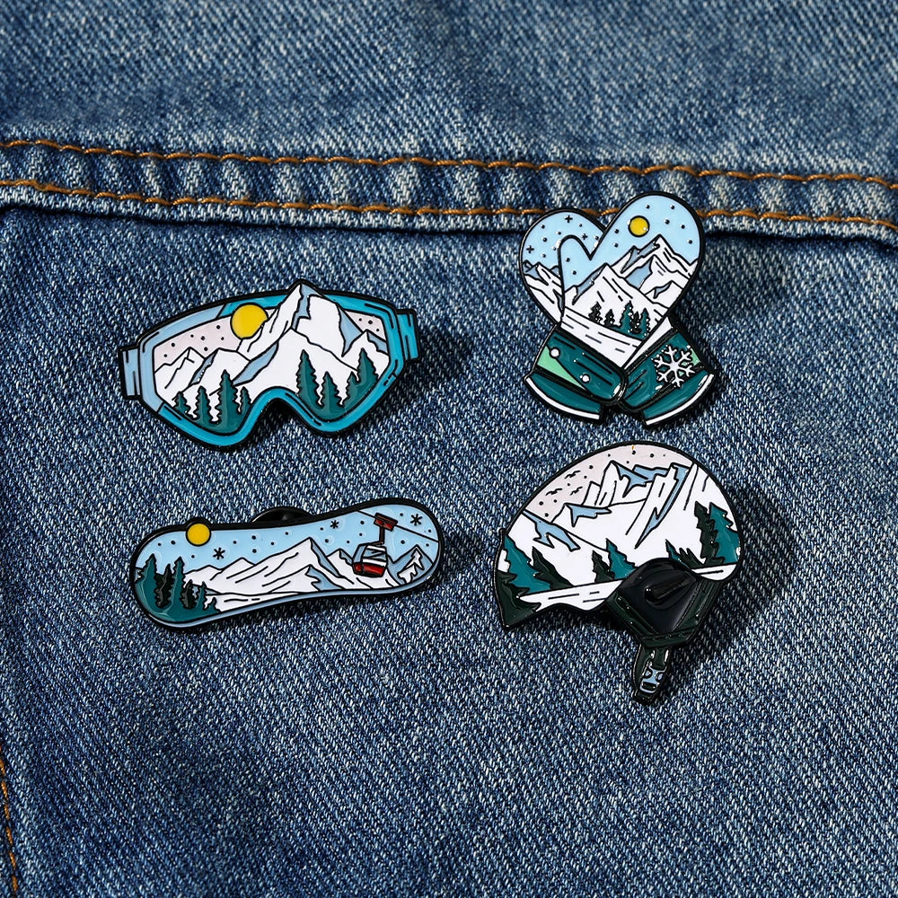 Sports Snow Mountain Pattern Ski Theme Enamel Brooches Skateboard Gloves Helmet Goggles Shaped Pins Winter Badge Jewelry Quick Pick Grocers
