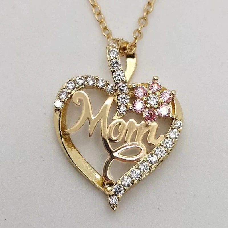 Huitan Mother's Day Necklace for Mom Luxury Trendy Craved Pendant Necklace Pink Flower Aesthetic Neck Accessories Love Jewelry Quick Pick Grocers