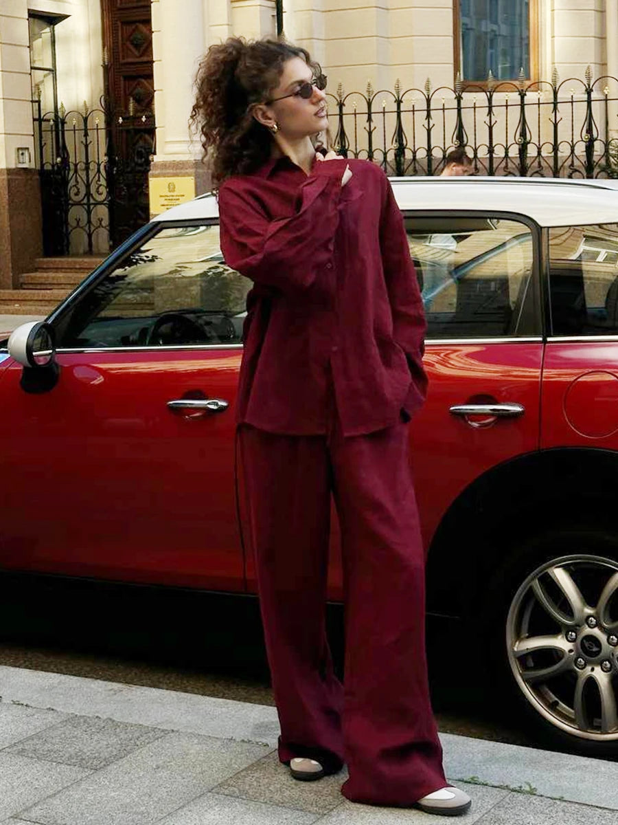 Bornladies Cotton Casual Pants Sets Women's Solid Color Cozy Lapel Long Sleeve Shirt Summer Outfit Elastic Waist Pants Suits Quick Pick Grocers