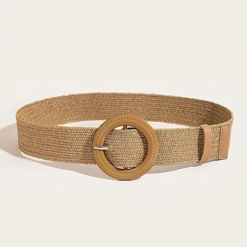 1pc Women Round Buckle Boho Straw Belt For Beach Ellipse Buckle Bead Decor Bohemian Woven Belt For Holiday Quick Pick Grocers