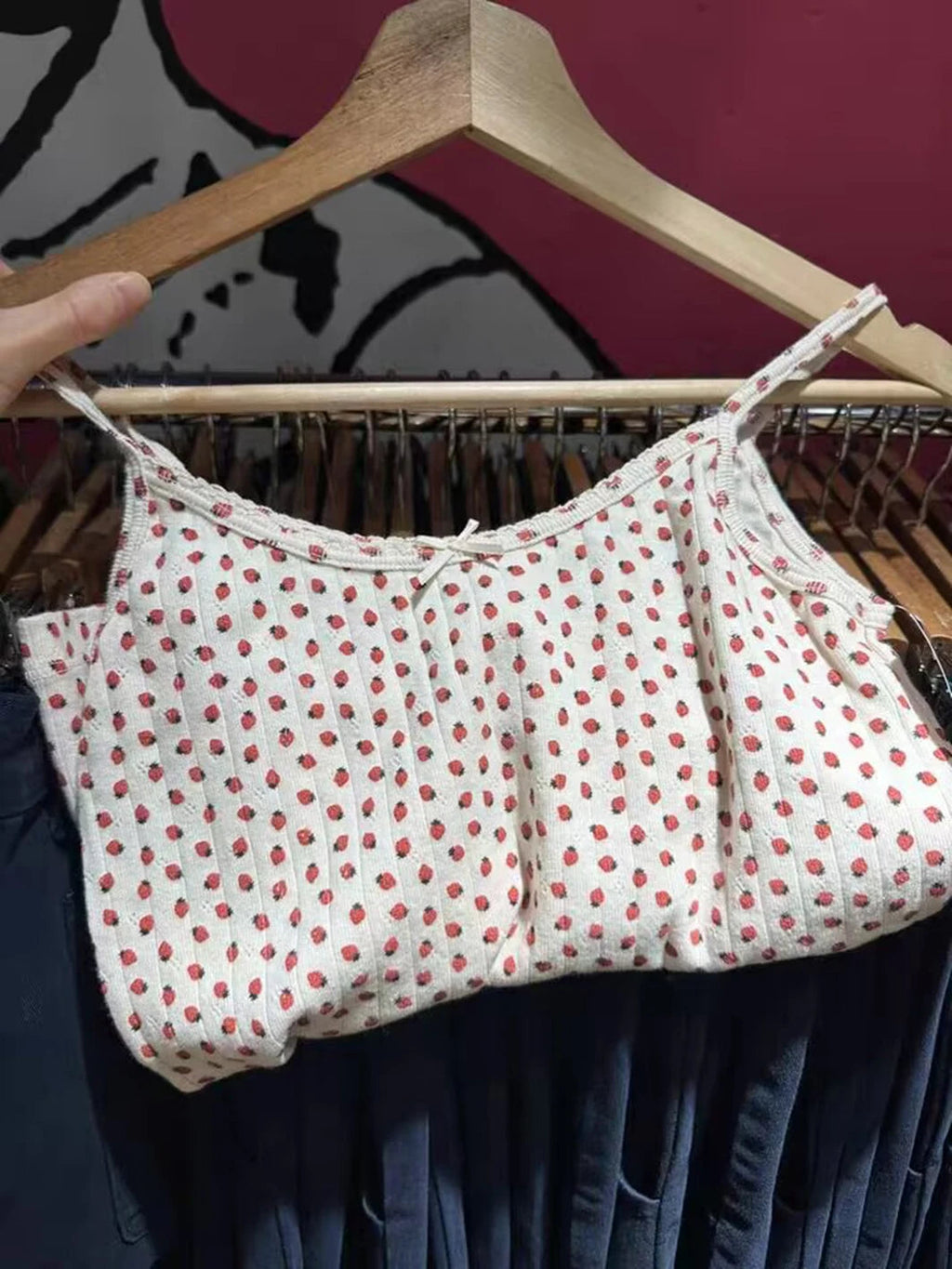 Strawberry Vest Shorts 2 Pieces Set Woman Eyelet Bow Slim Tank Top with Elastic Waist Patchwork Straight Short Pant Sweet Sets Quick Pick Grocers