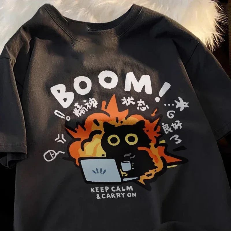 Kawaii Good Mental State Pure Short Sleeved T-shirt for Men Women Tee Clothes Loose Casual Cartoon Oversized Top Y2K Quick Pick Grocers