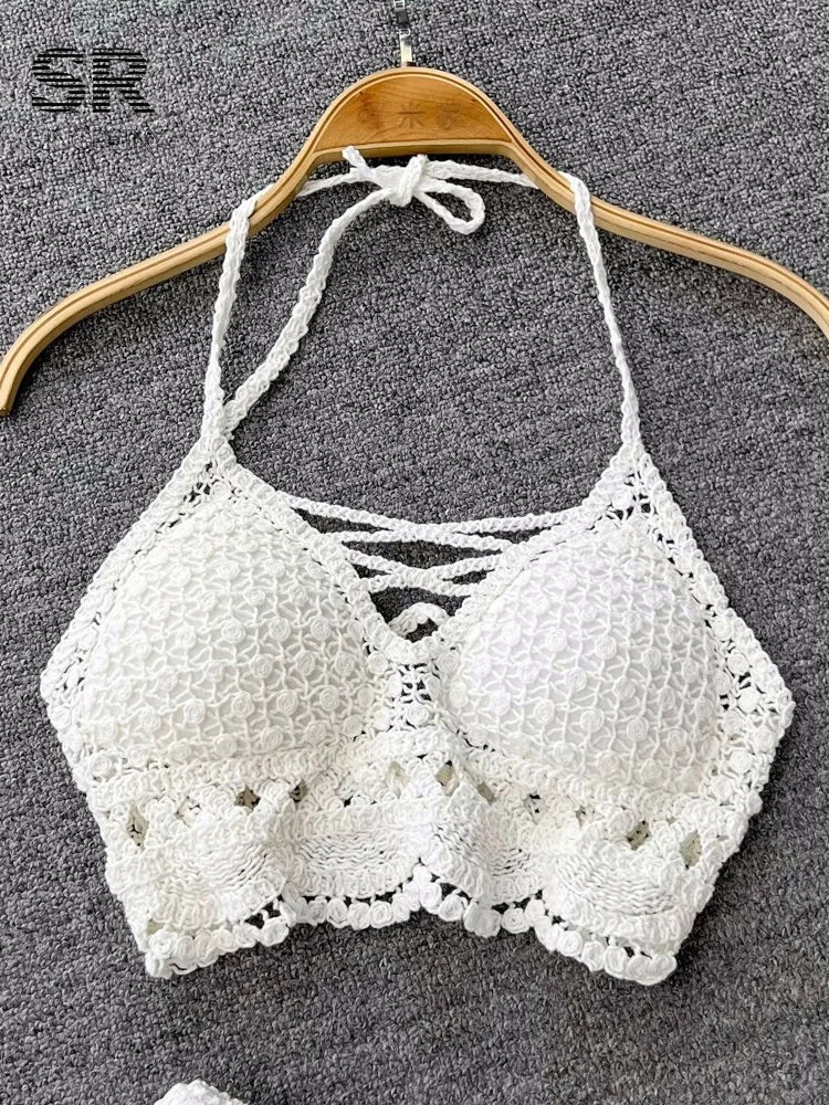 SINGREINY Knit Two Piece Sets Women Summer Vacation Backless Camisole Elastic Waist Shorts Hollow Out Y2K Beach Style Suits Quick Pick Grocers