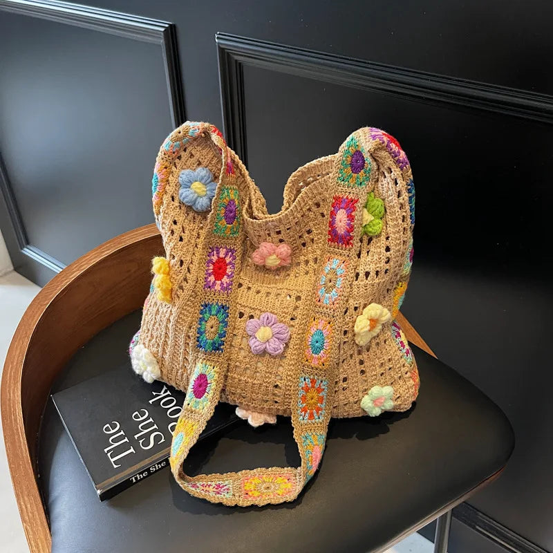 Women's Boho Crochet Bag Designer Flowers Knitted Handbags Large Capacity Summer Beach Woven Shoulder Bag Girls Tote Shopper Bag Quick Pick Grocers