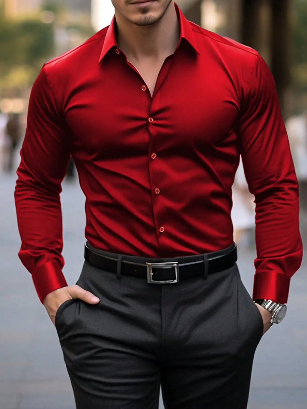 Men's Solid Red Long Sleeve Formal Dress Shirt for Business Office Wear Quick Pick Grocers
