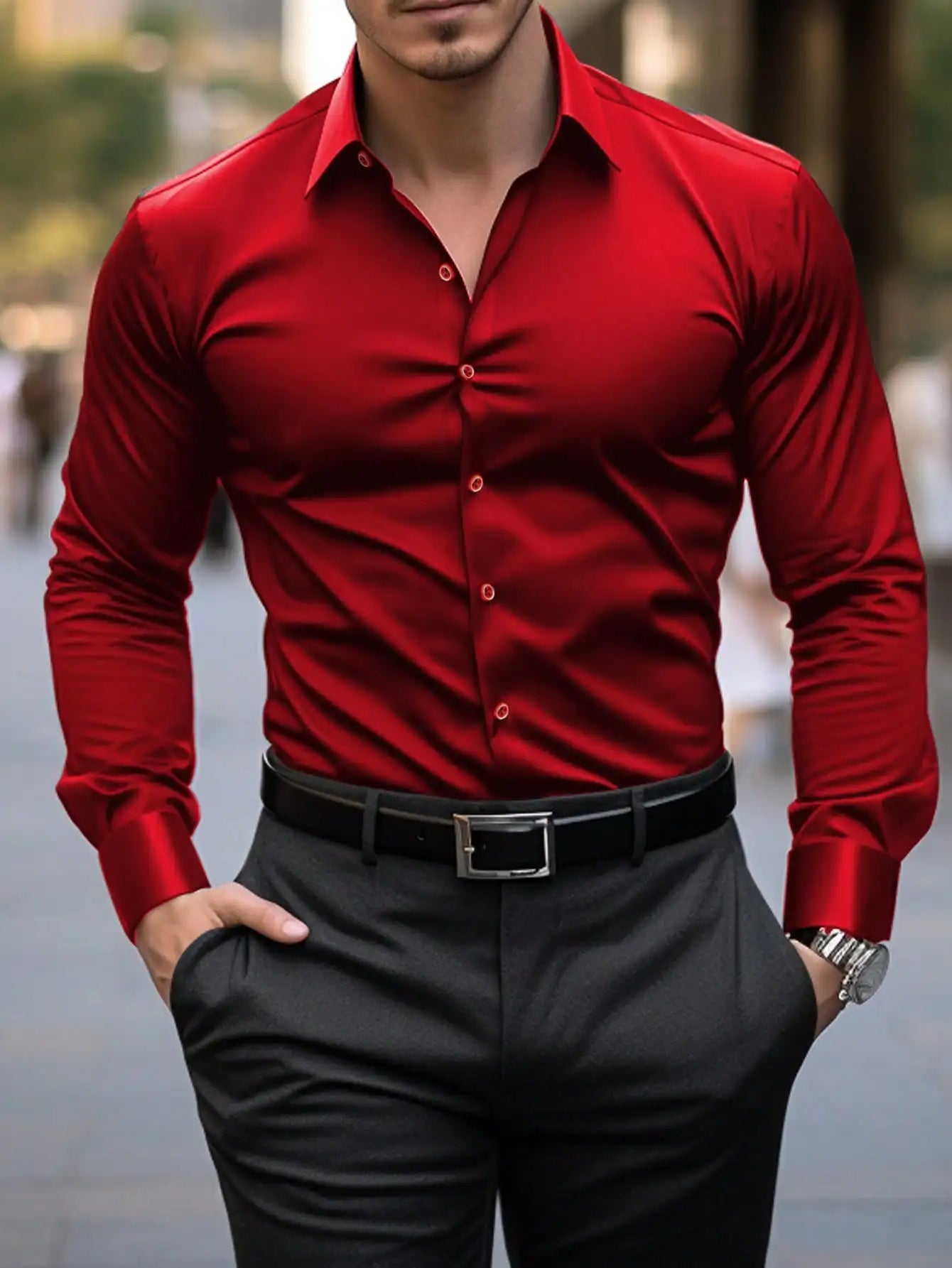 Men's Solid Red Long Sleeve Formal Dress Shirt for Business Office Wear Quick Pick Grocers