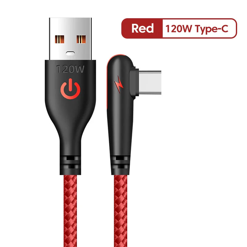 120W USB To Type-C Cable 90 Degree Elbow Mobile Phone Fast Charging For Huawei Mate 40 30 Xiaomi Samsung Phone Charging Cord Quick Pick Grocers