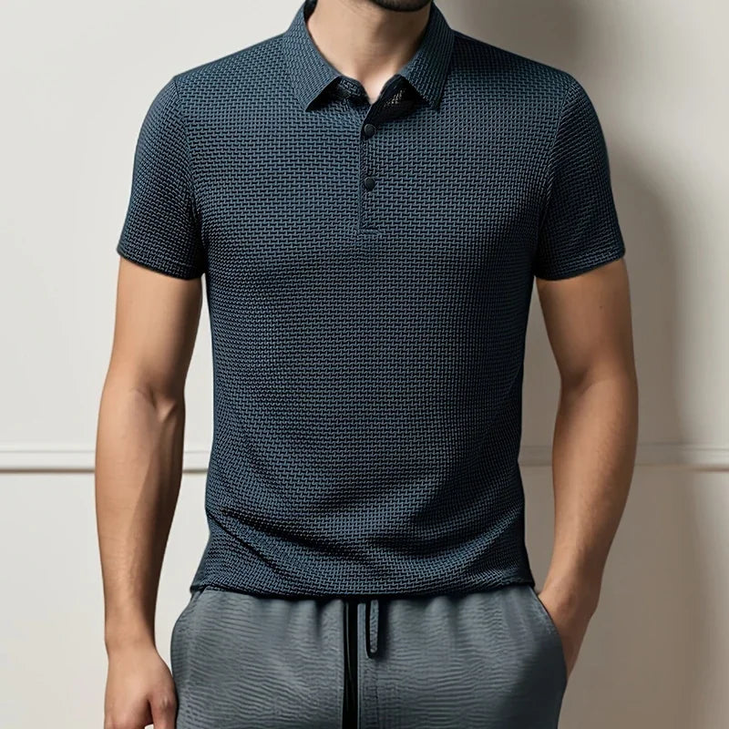 New Men's Business Casual Short Sleeved Bone Flower Solid Color POLO Shirt Fashion Breathable Comfortable Summer Versatile Top Quick Pick Grocers