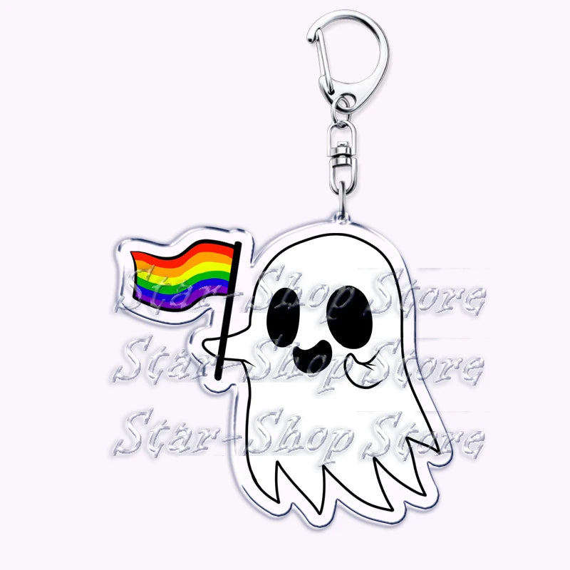 Cute Lgbt Halloween Keychain for Accessories Bag Gay Pride Lgbtq Spooky Ghost Lesbian Keyring Jewelry Rainbow Fans Friends Gifts Quick Pick Grocers