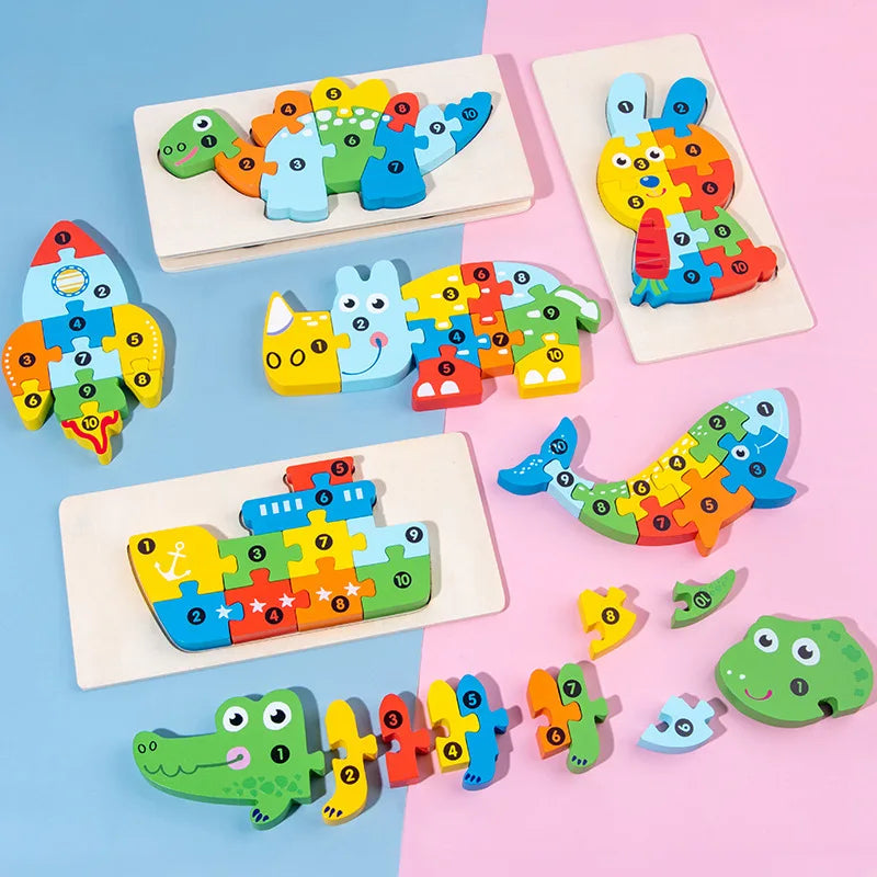 3D Stereoscopic Montessori Wooden Puzzle Cartoon Dinosaur Animal Shape Color Cognitive Educational Game Toy Kids Birthday Gift Purest Peak