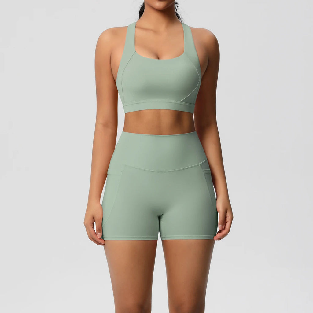 2PCS Sportswear With Pocketed Yoga Set Gym Clothes Yoga Suits For Women Tracksuits Sports Shorts Crossover Bra Gym Leggings Quick Pick Grocers