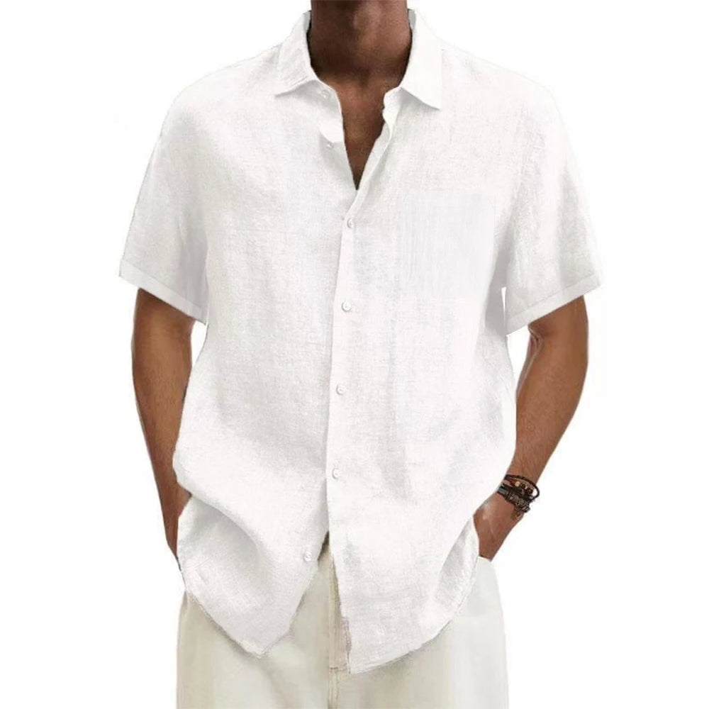 men Cotton Linen Hot Sale Men's Short-Sleeved Shirts Summer Solid Color Turn-down collar Casual Beach Style Plus Size tops Quick Pick Grocers
