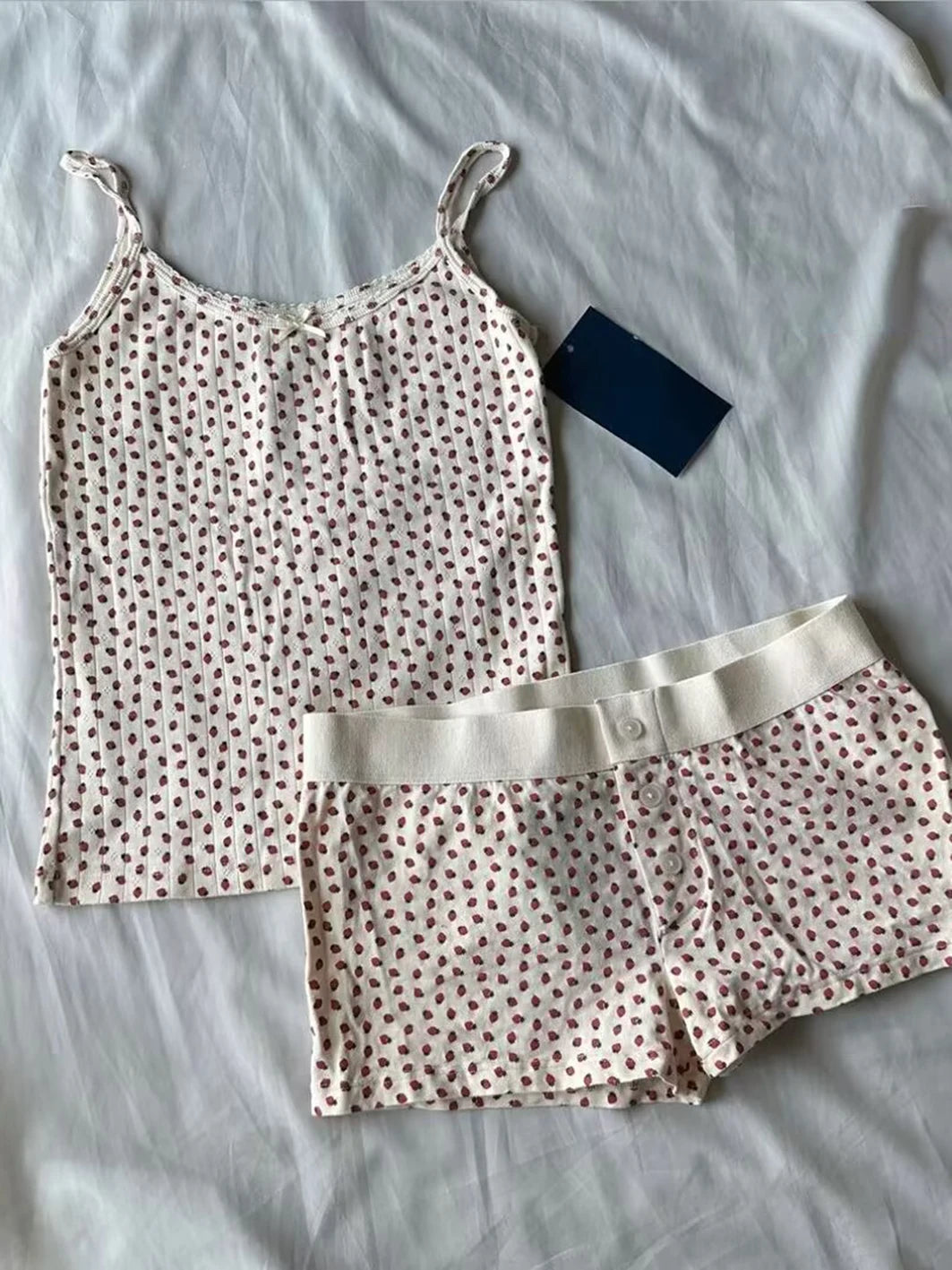 Strawberry Vest Shorts 2 Pieces Set Woman Eyelet Bow Slim Tank Top with Elastic Waist Patchwork Straight Short Pant Sweet Sets Quick Pick Grocers