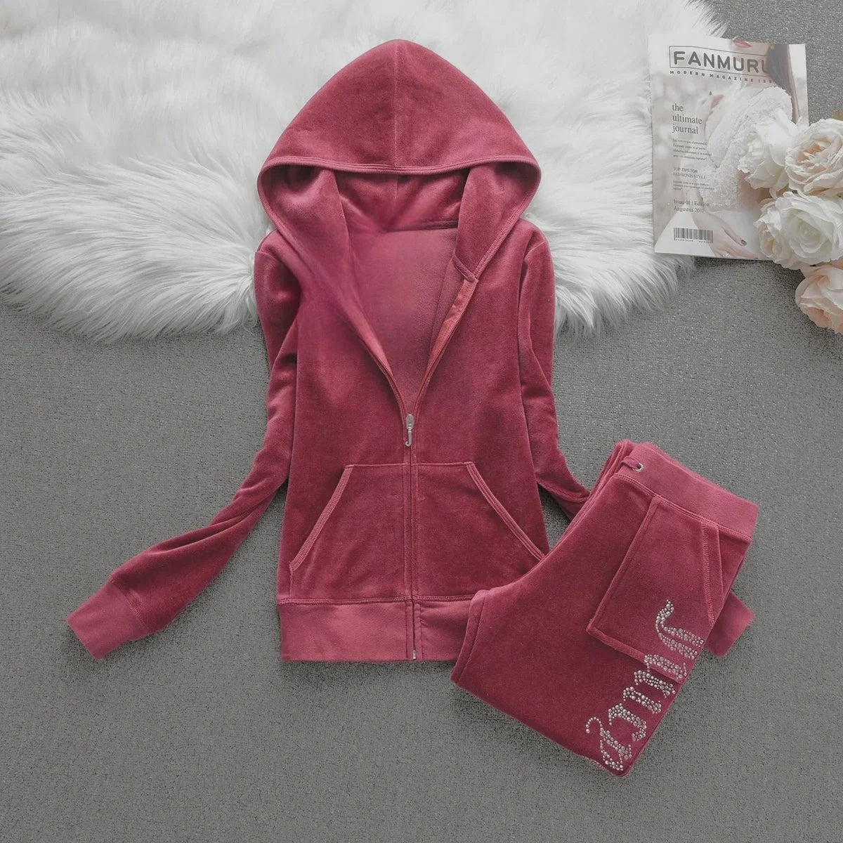Winter Velvet Tracksuit for Women: Heavy Duty Fleece Lined Hoodie and Pants Set | Solid Color Warm Jogger Outfit Quick Pick Grocers
