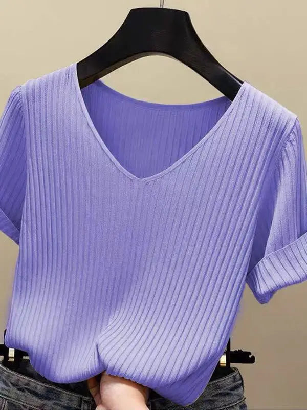 AOSSVIAO 2026 Basic V-neck Solid Thin Summer Women Pullover Female Thin Knitted Ribbed Sweater Slim Short Sleeve Bodycon Sweater Quick Pick Grocers