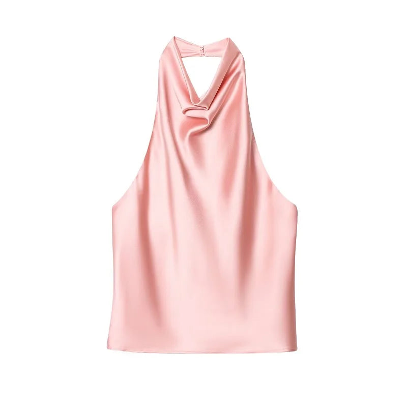 MUJER 2026 Halter Tops for Women Black Satin Backless Top Female Pink Summer Beach Top Woman off Shoulder Camisole Top Women Quick Pick Grocers