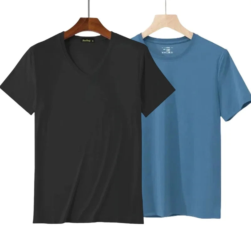 2 Packs Bamboo Fiber Round Neck T-shirts Short Sleeve Classic Tees Sweat-absorbent Gym Man Undershirt Solid Color Tee Black New Quick Pick Grocers