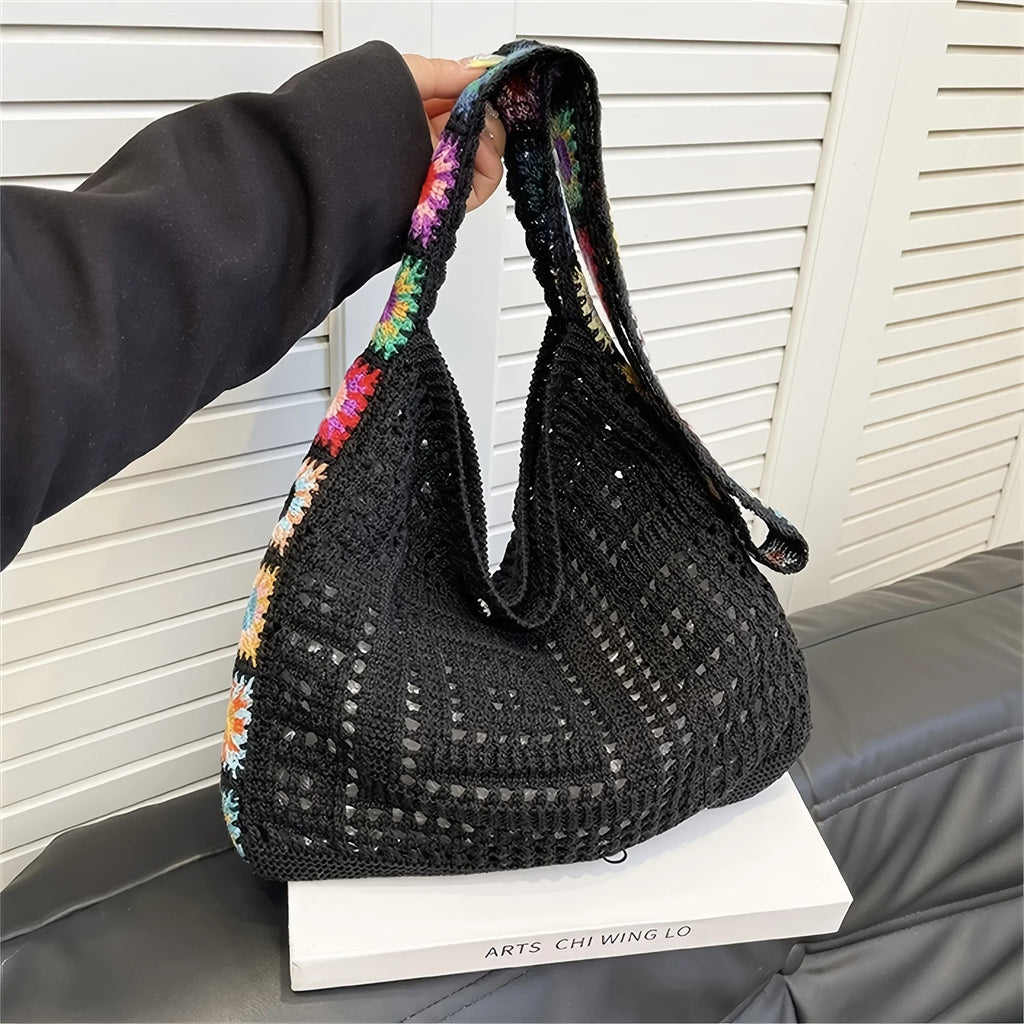 Women's Boho Crochet Bag Designer Flowers Knitted Handbags Large Capacity Summer Beach Woven Shoulder Bag Girls Tote Shopper Bag Quick Pick Grocers