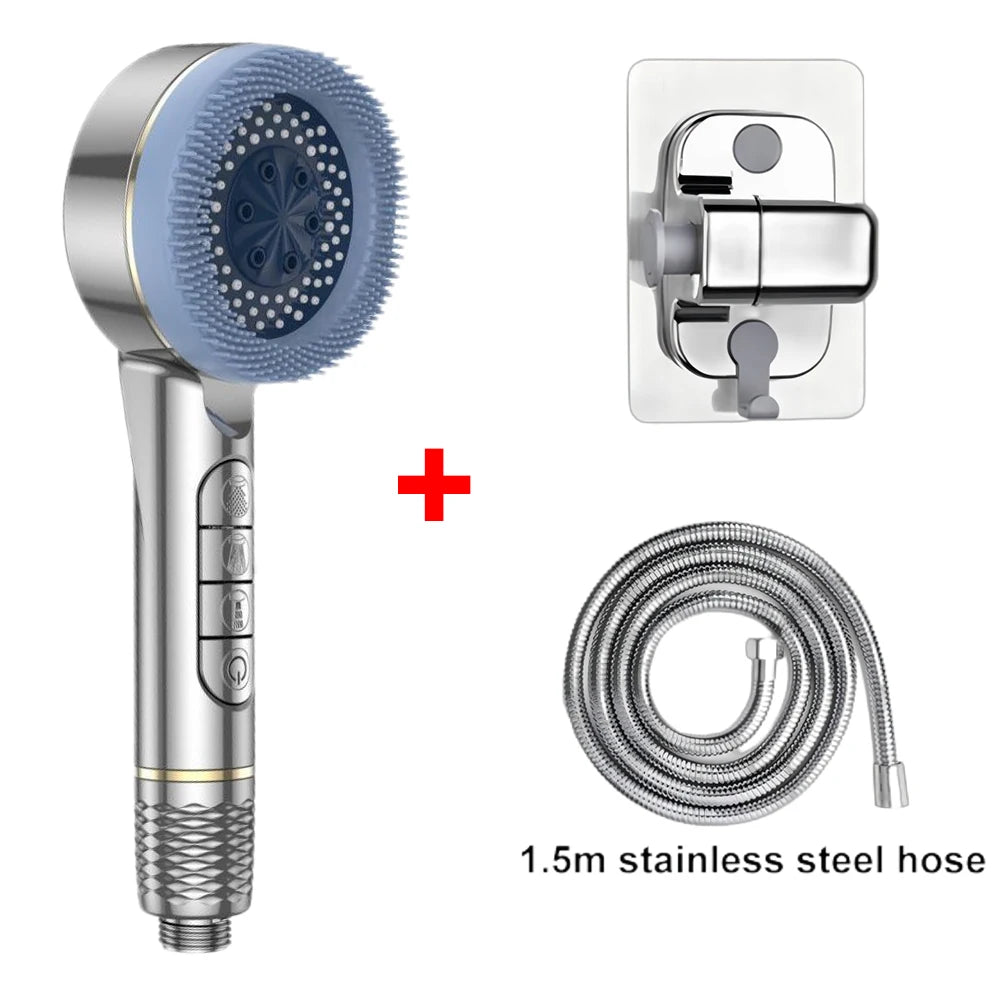 4 Modes Self-cleaning Shower Head with Silicone Brush One-Key Stop Water Massage High Pressure ABS Showerhead with Filter Quick Pick Grocers