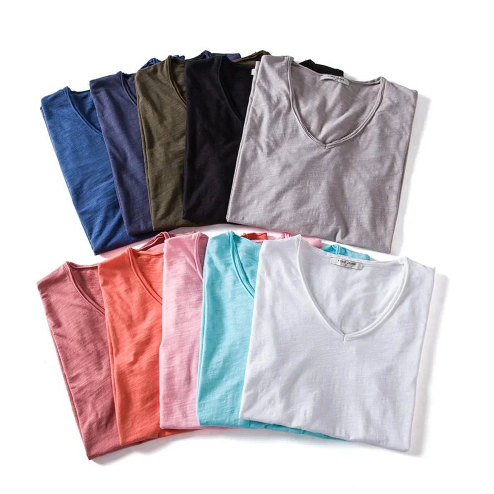 Brand Quality 100% Cotton Men T-shirt V-neck Fashion Design Slim Fit Soild Male Tops Tees Short Sleeve Quick Pick Grocers