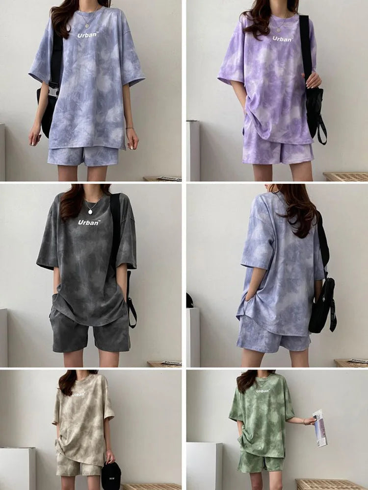 Women T-Shirt Shorts Suit Set Casual Tie Dye Loose tshirt and wide leg middle shorts with pockets female Soft Summer Shorts Sets Quick Pick Grocers