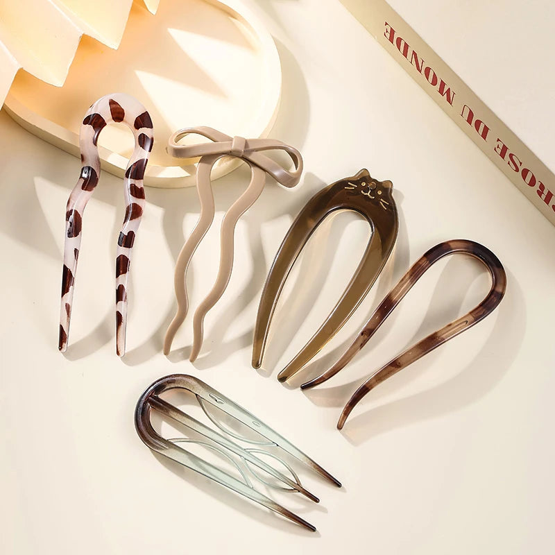 U-Shaped Hair Fork Fashion Tortoiseshell Acetate Acrylic Hairpin Geometric Headwear Hair Sticks Women Girls Hair Accessories Quick Pick Grocers
