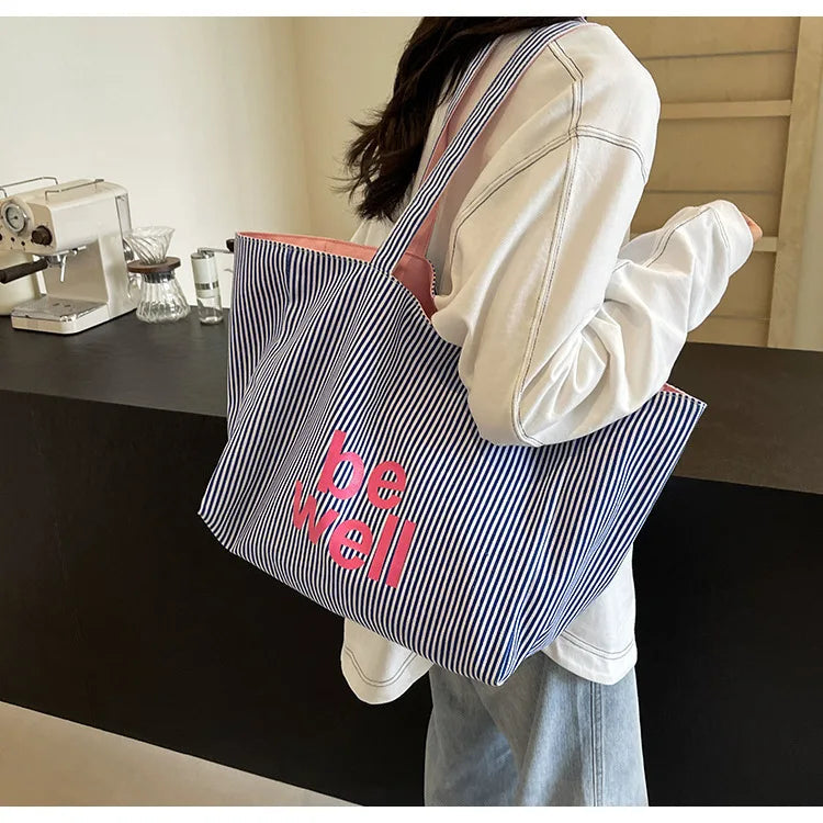 Casual Large Stripe Women's Shoulder Bag 2025 New Fashion Commuter Tote Bag High Capaci Canvas Handbag for Youth bolso mujer Quick Pick Grocers