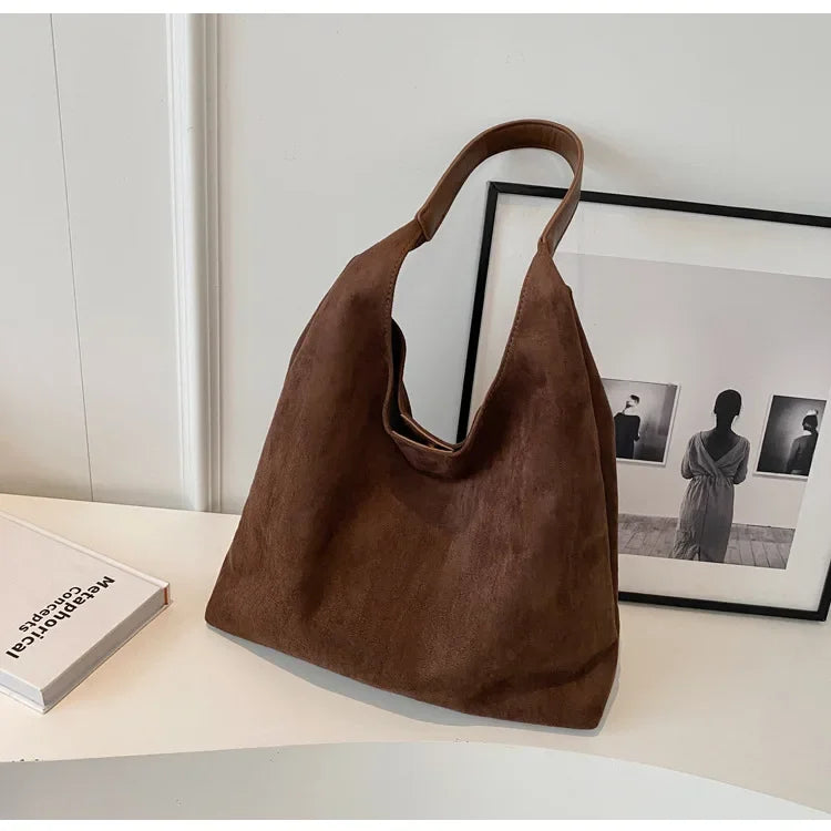 Autumn and Winter Vintage Women's Bag Large Capacity Suede Shoulder Bag Solid Color Simple Casual Commuter Bag Retro Handbags Quick Pick Grocers