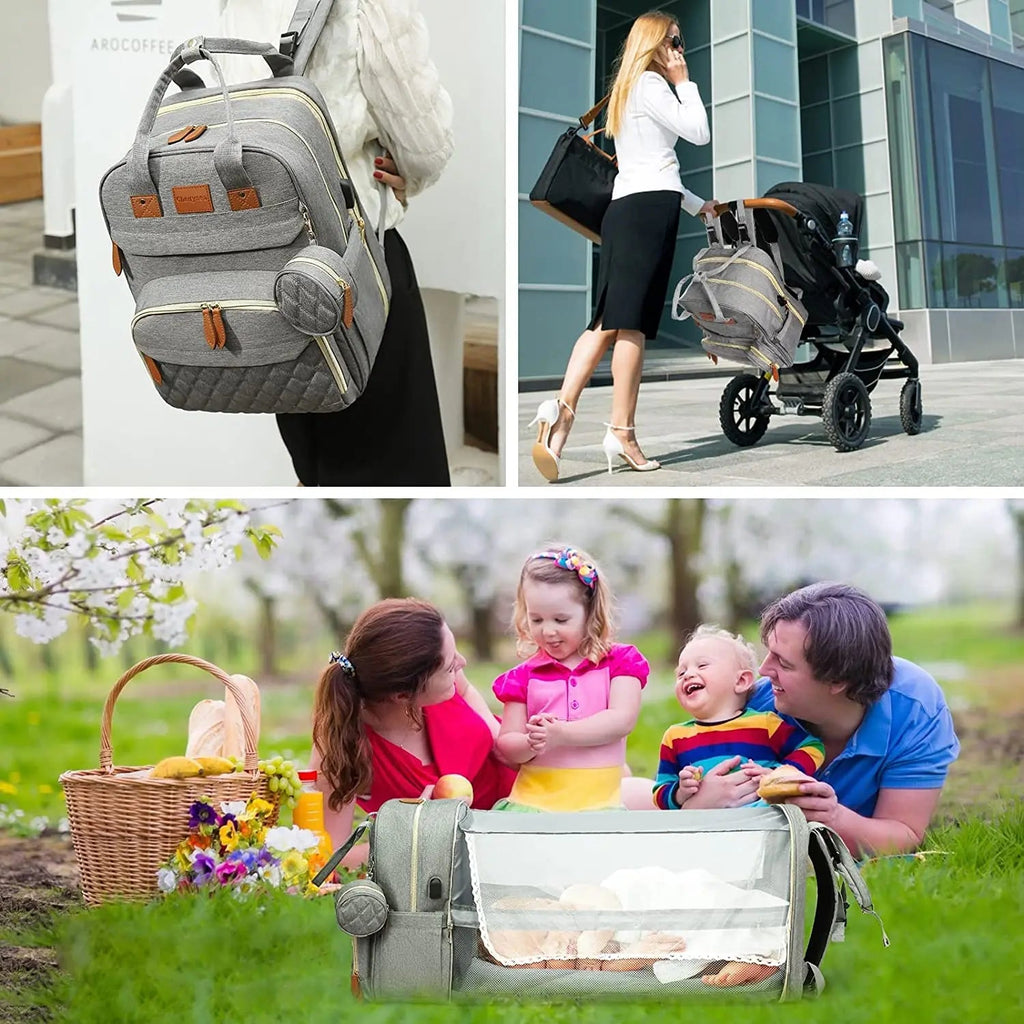 3 In 1 Diaper Bag Backpack Foldable Baby Bed Waterproof Travel Bag with USB Charge Diaper Bag Backpack with Changing Bed 3 types Purest Peak
