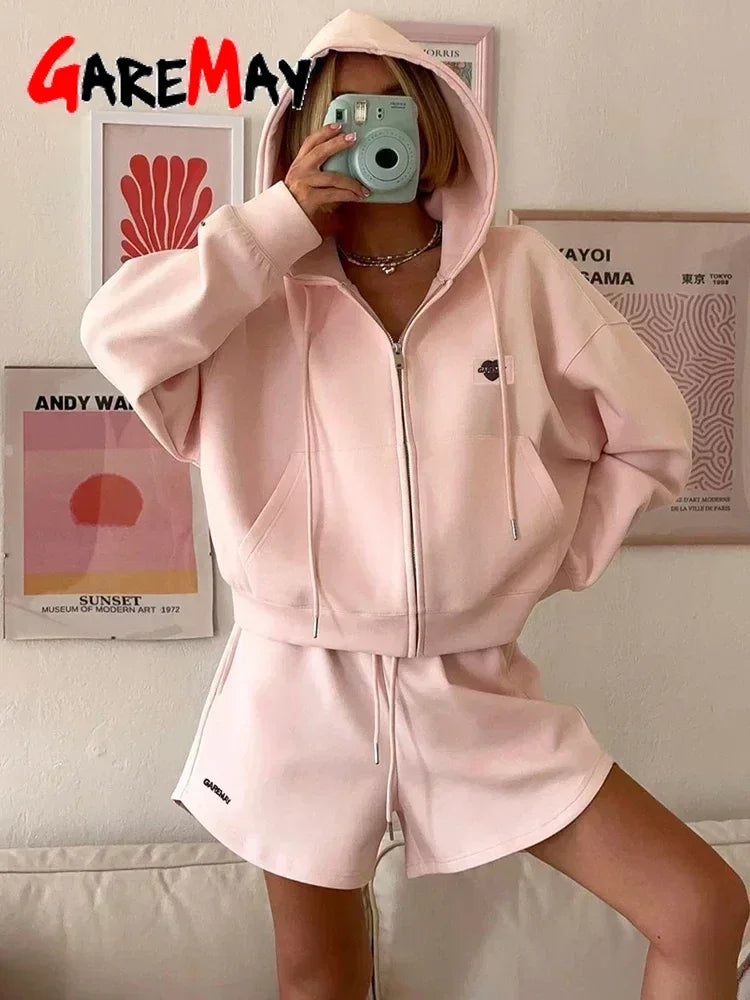 Spring Women's Summer Suit with Shorts Cotton Oversize Pink  Top and Shorts Set Two-piece Casual Tracksuit with Shorts for Women Quick Pick Grocers
