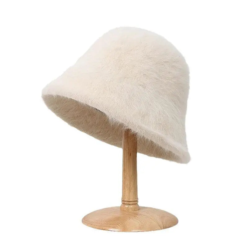 Plush fisherman hat autumn and winter basin hat round head plush high-end feeling face white bucket hat for ladies Purest Peak