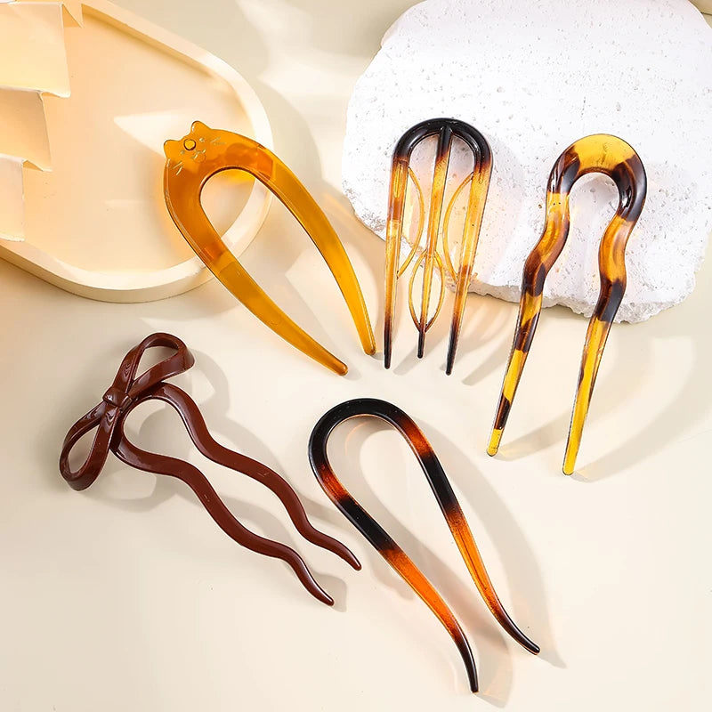 U-Shaped Hair Fork Fashion Tortoiseshell Acetate Acrylic Hairpin Geometric Headwear Hair Sticks Women Girls Hair Accessories Quick Pick Grocers