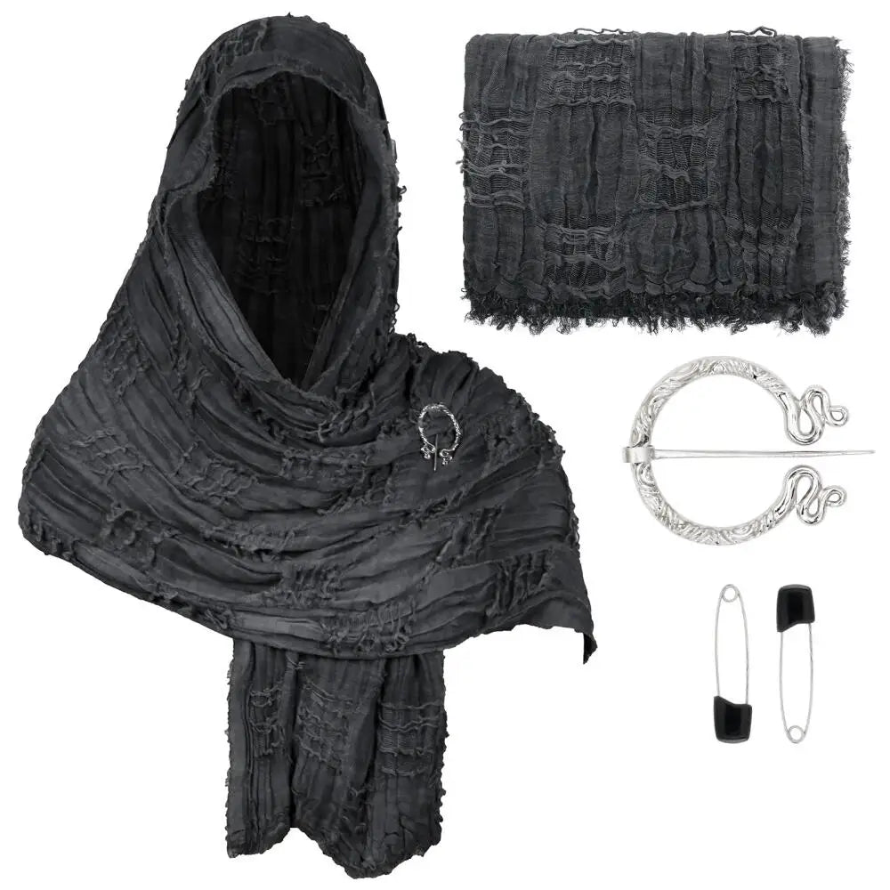 Medieval Vintage Hooded Shawl Scarf Cloak For Men Women Renaissance Halloween Tattered Layered Textured Frayed Cosplay Costume Quick Pick Grocers
