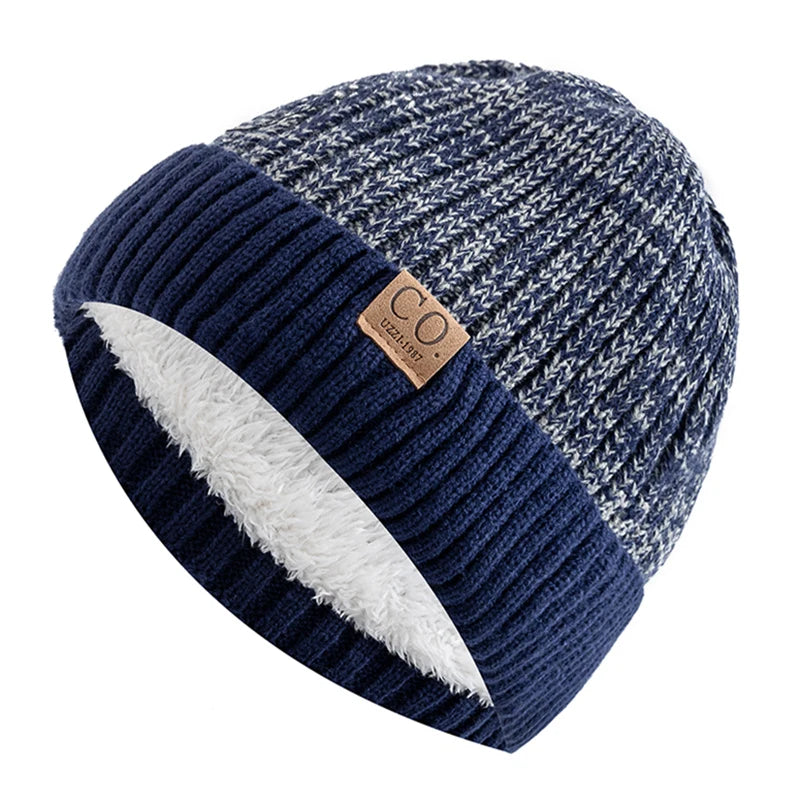 New Unisex Two-Tone Winter Hats Add Fur Lined Men And Women Fashion Warm Beanie Cap Casual Winter Knitted Hats Purest Peak
