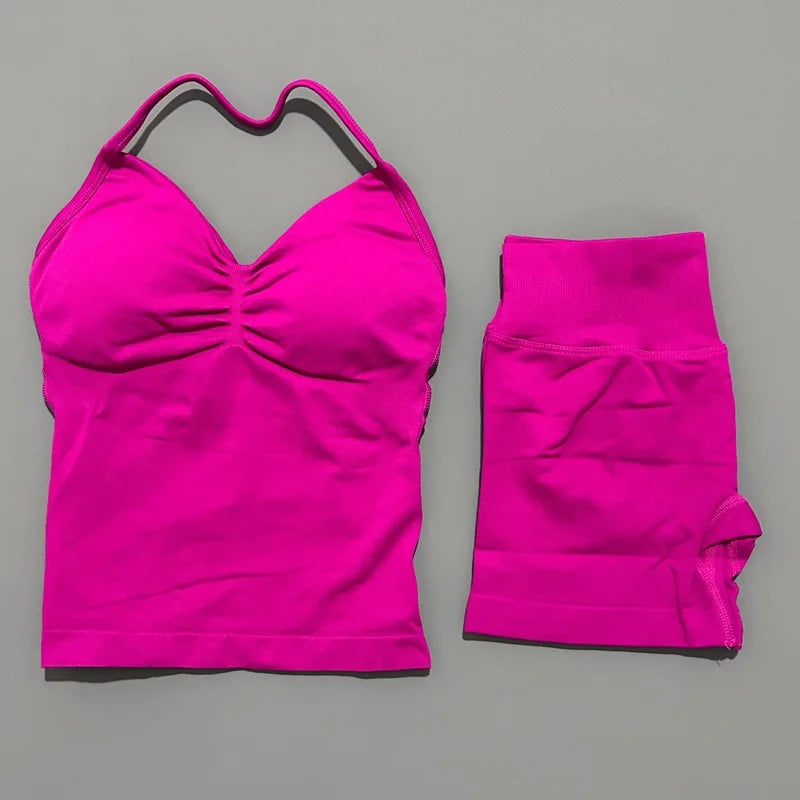 HISTELLO 2 Pieces Sports Set Women Yoga Longline Strap Top Scrunch Seamless Shorts Sport Gym Set Sportswear Workout Fitness Set Quick Pick Grocers