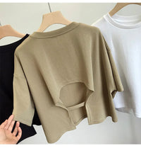 Summer New Ladies Casual Backless T-Shirt 2023 Korean Women Round Neck Loose Sweet Spicy Wind Short-Sleeved Crop Tops Quick Pick Grocers