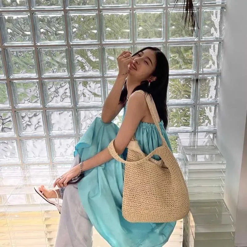 French Style Large Capacity Woven Straw Woven Bag for Women New Beach Vacation Shoulder Bag Casual Commuting Tote Bag Purse Quick Pick Grocers