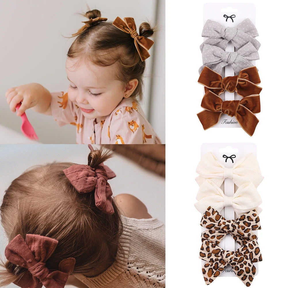 4Pcs/set Leopard Dot Print Bowknot Hair Bow Clips Baby Girls Lace Cotton Linen Barrettes Safety Hairpins Headwear Accessories Purest Peak