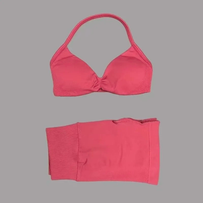 HISTELLO Gym Set 2 Piece Women Strappy Yoga Bra Top Workout Scrunch Shorts Sports Suit Fitness Clothes Seamless Yoga Set Quick Pick Grocers
