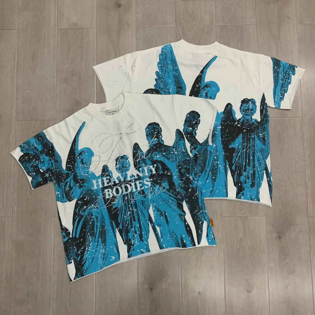 Streetwear Vintage Washed Diamond Cropped Tee for Men Crew Neck Short Sleeve Loose Cotton Rhineston Tshirts Oversized Quick Pick Grocers